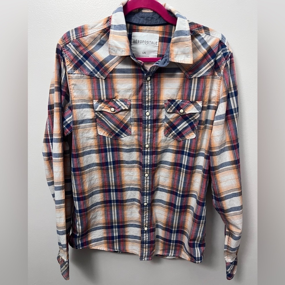 Aeropostale Unisex Plaid Button-Down Shirt - Red, Blue, White
